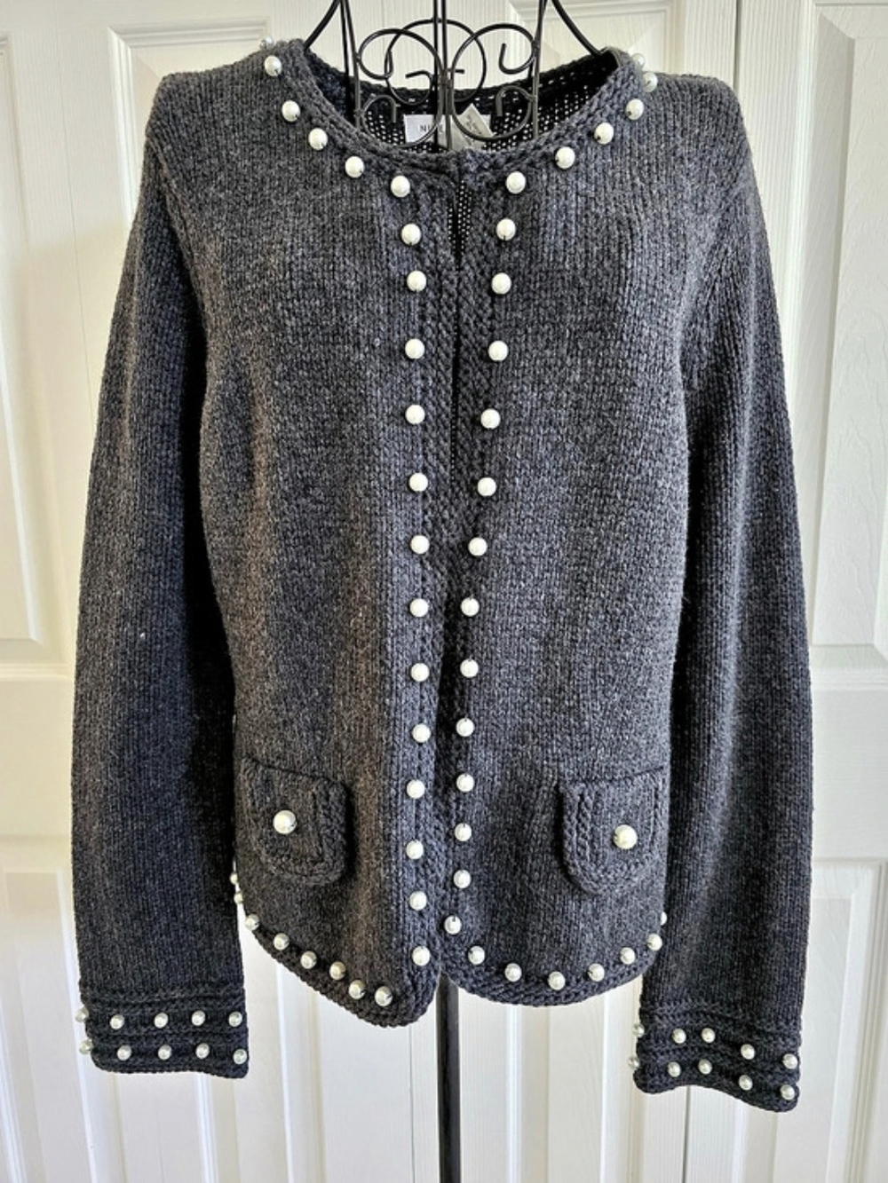 Nine West Princss Pearl-Trim Sweater in Gray Size Large NWT
